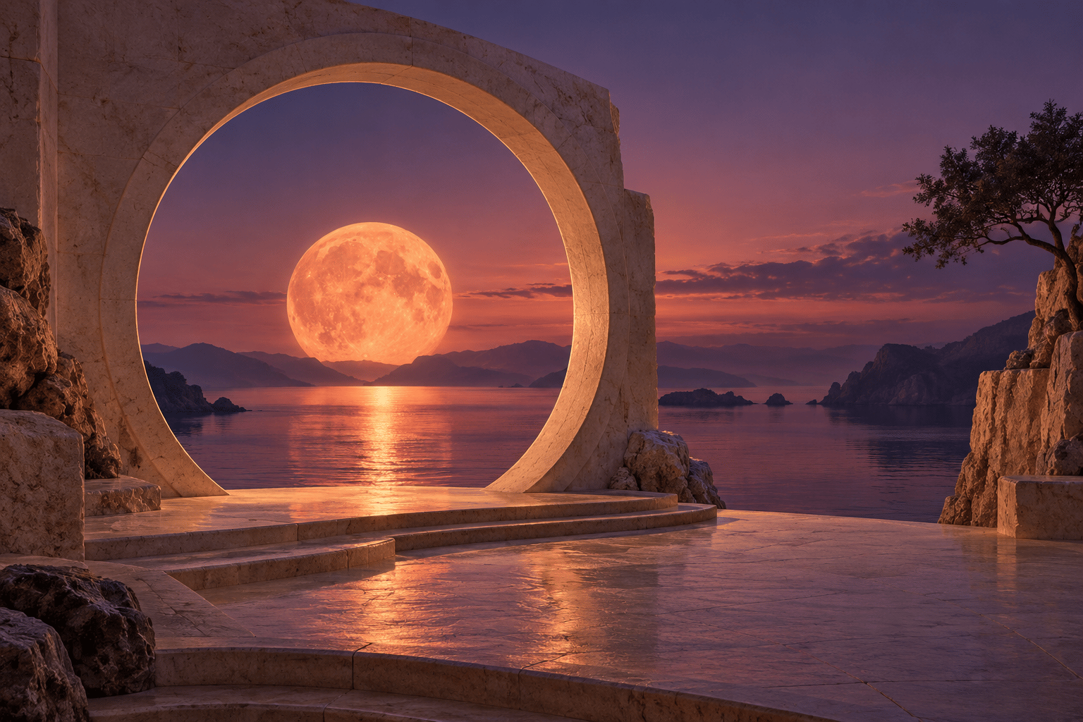 Concept scene of a sandstone arch, a coral moon, and water at violet dusk