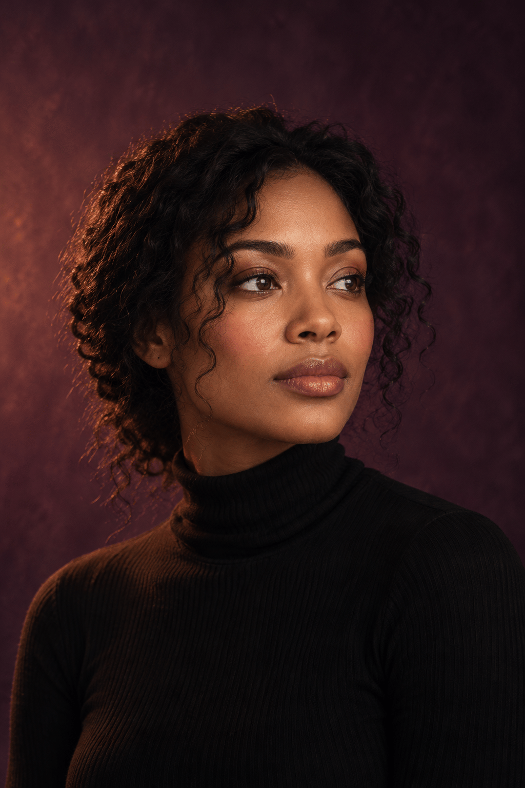Concept portrait of a fictional adult woman in peach and berry light